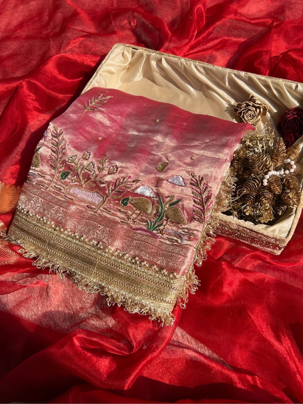 Enchanted Garden Hand-Embroidered Tissue Silk Saree